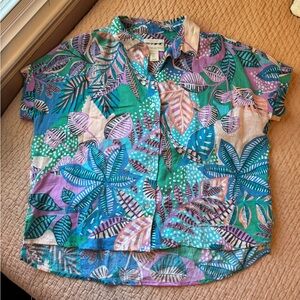 Cynthia Rowley 100% Linen Multicolor Leaf Print Button Up Shirt, Small, Like New